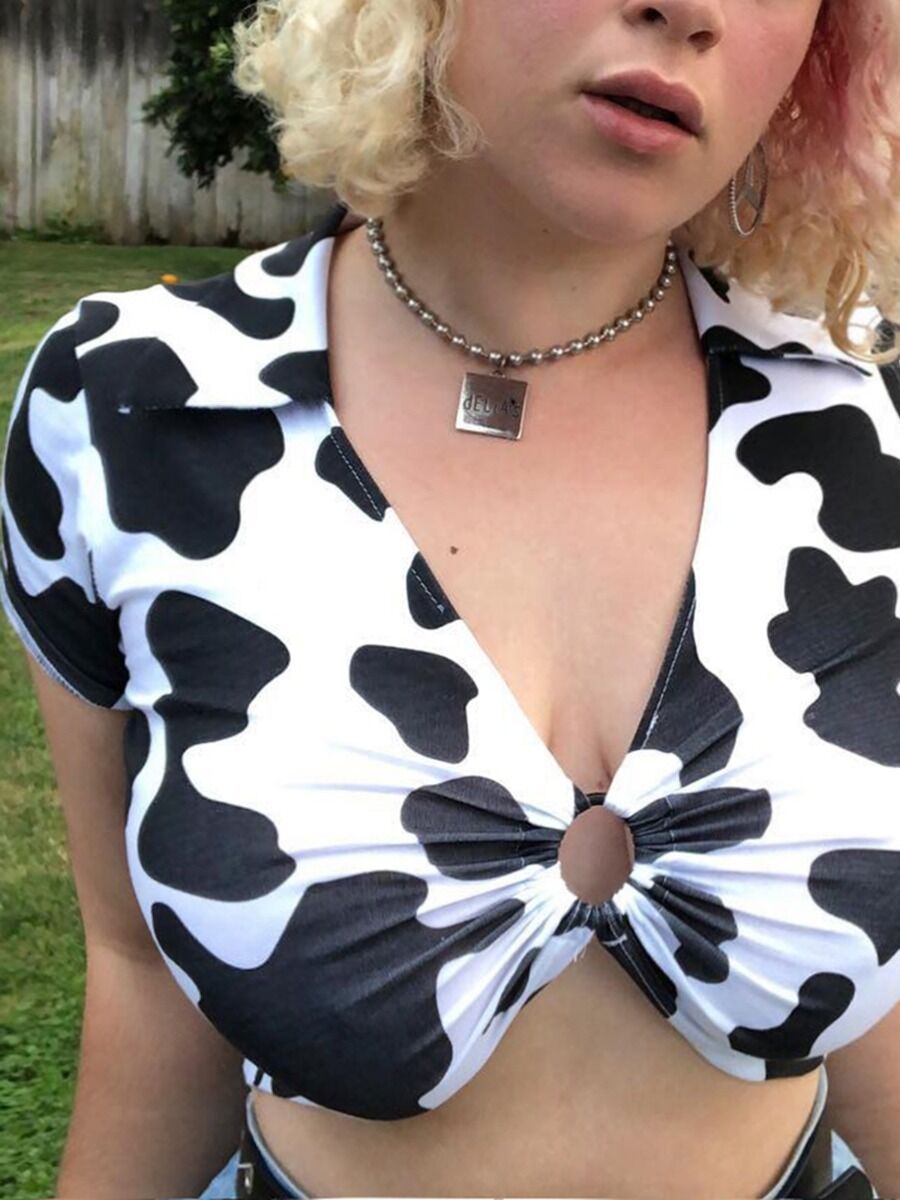 Cow Print Sexy Zipper Crop Top 2
