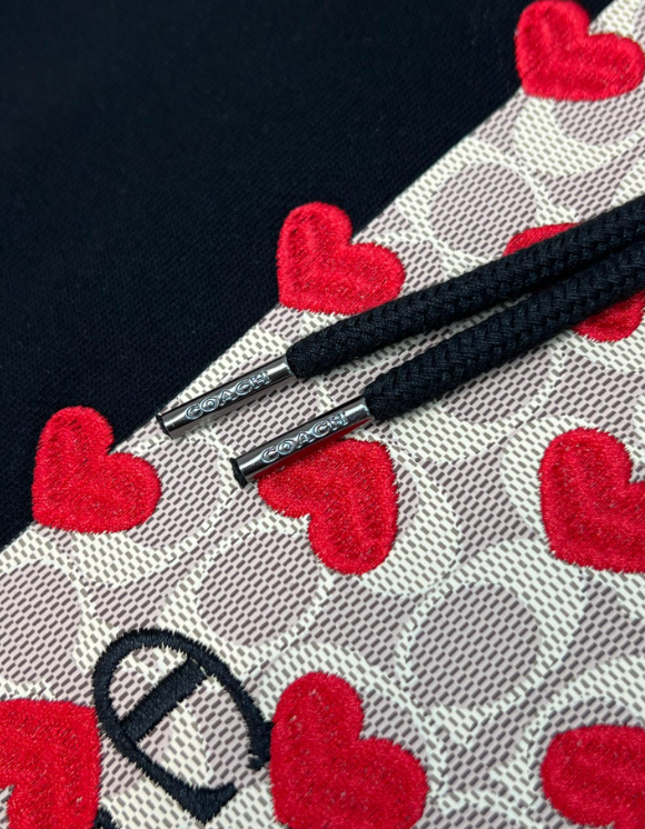 Heart Print Embroidered Hooded Pullover