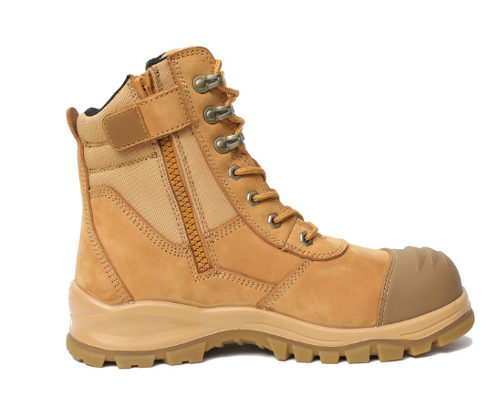 Steel toe zip safety boot features — wheat nubuck leather upper