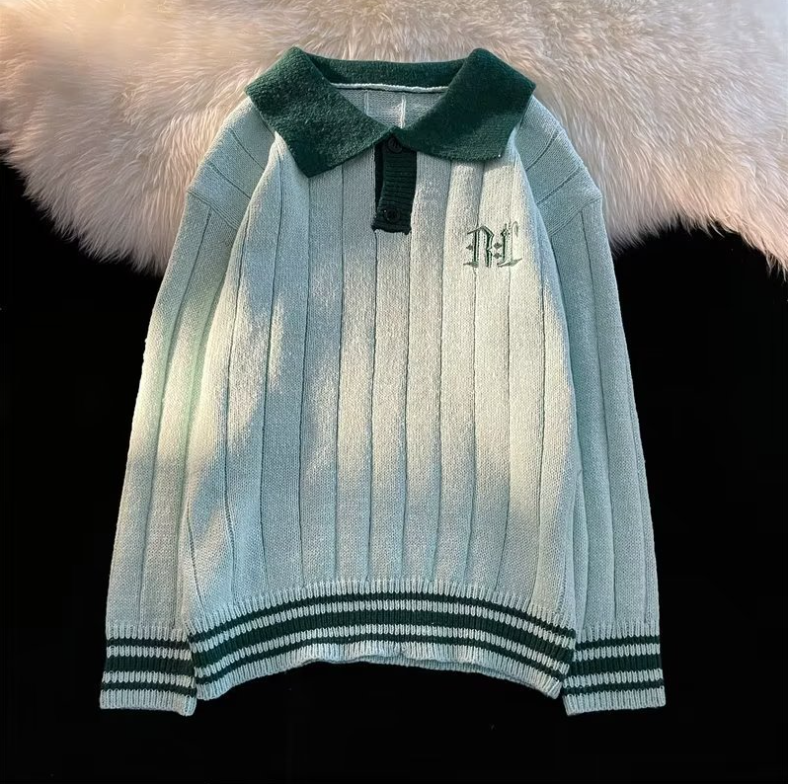 Soft Cream Retro Polo Neck Sweater - Close-up