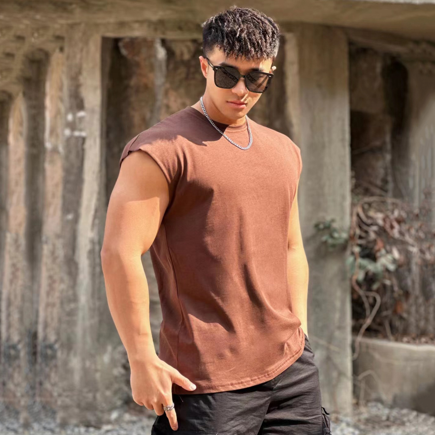 Brown Sleeveless T-Shirt