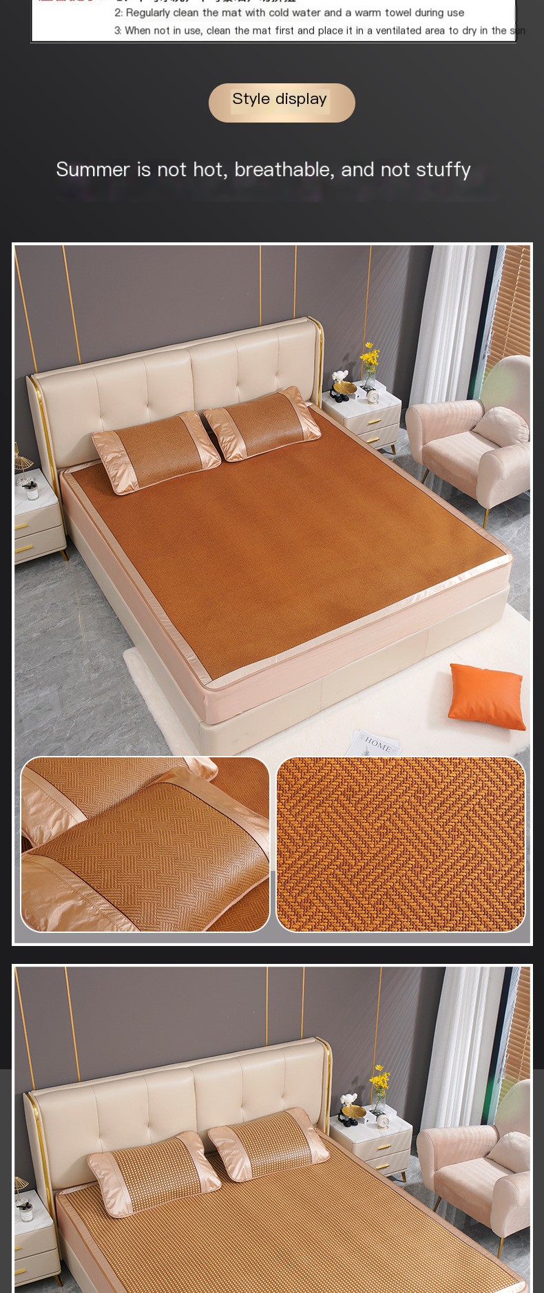 High-grade Rattan Mat Summer Mat Double-sided Foldable Bed Hat 1.8-meter Bed Ice Silk Mat Summer Naked Sleeping Household Grass Mat 1.5