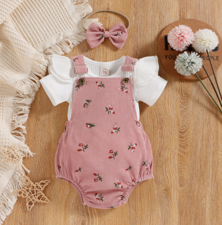 Three-piece set of ribbed sleeve floral corduroy bib pants and headband (one set)