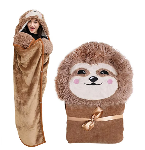 Blanket Cute and Soft Flannel Fleece Sloth Hooded Blanket Skin-friendly Full-length Thick Cloak Suitable for Lounging Walking image