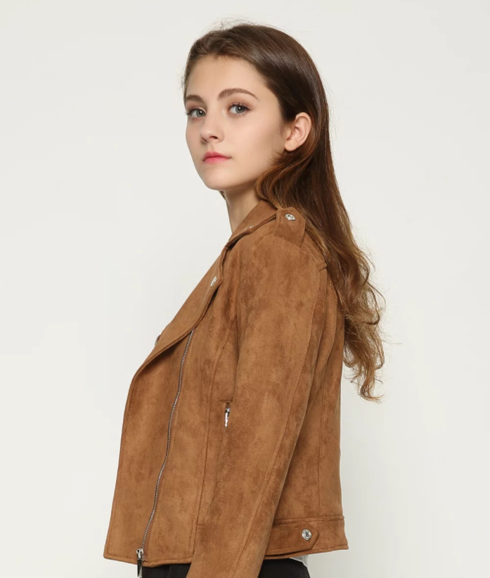 Suede Lapel Long Sleeve Zipper Decor Leather Jacket Image 1
