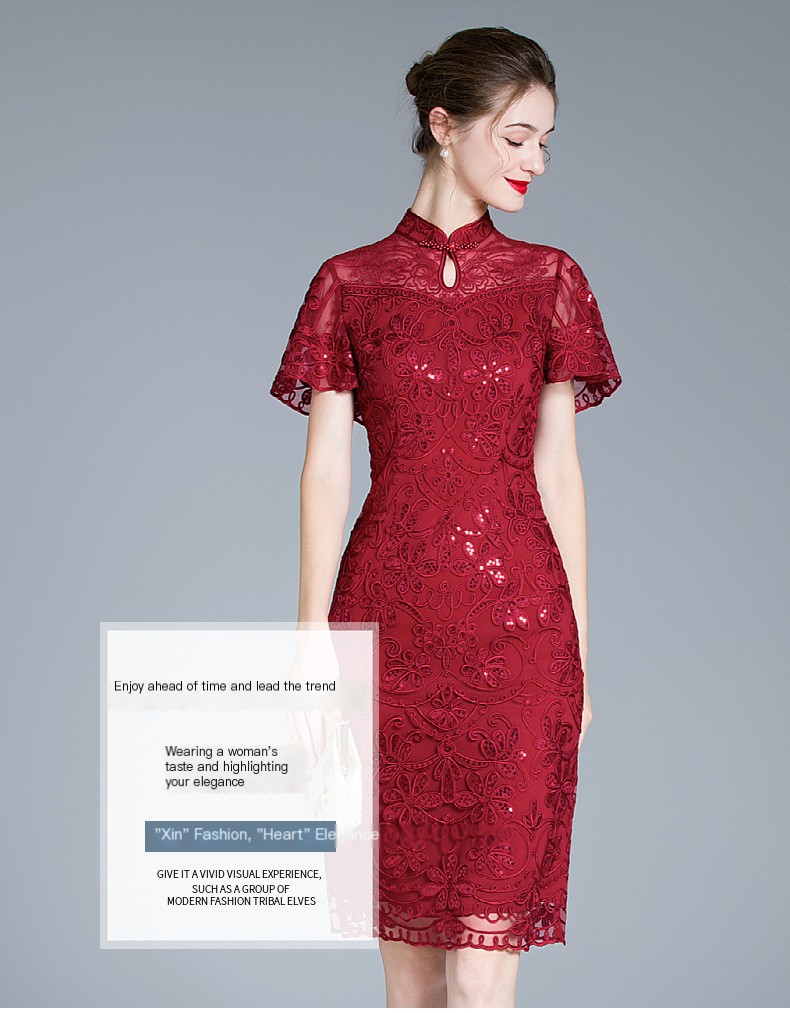 Shenzhen high-end middle-aged fashion women's dress for cocktail party New plus size red dress long sleeve popular