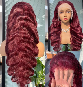99J Red Lace Front Human Hair Wigs Burgundy Colored Loose Body Wave Wig Glueless 13x4 HD Transparent Lace Frontal Wig 30 34 Inch image
