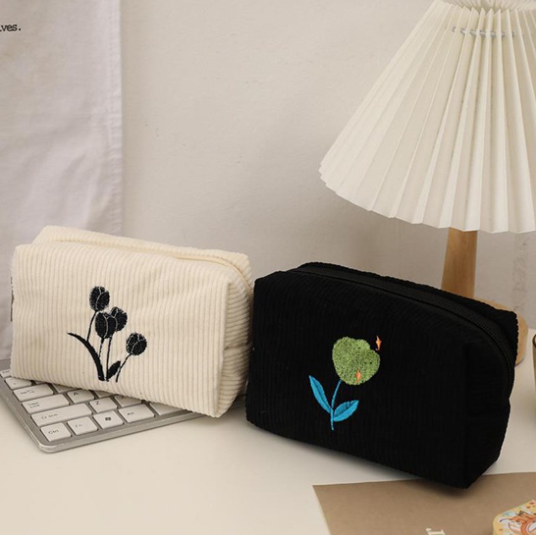 Black Tulip Embroidery Makeup Bag
