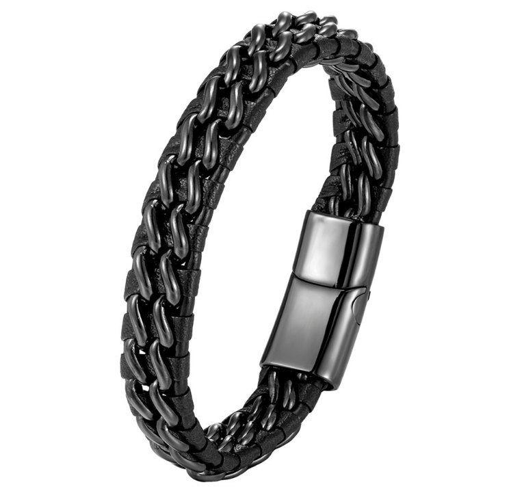 Zilveren leren en stalen armband