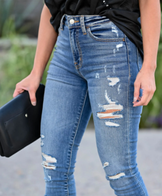 Casual Women's Fitted High Waist Frayed Washed Jeans - Image 3