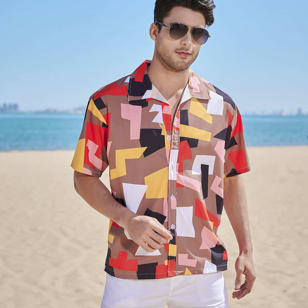 Men's New Floral Short-sleeved Hong Kong Style Shirt Hawaiian Style Retro Loose Flower Shirt image