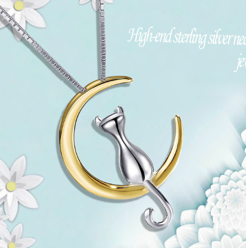 Moon Cat Pendant Necklace - Silver