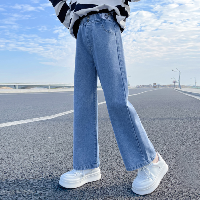Girls' autumn denim pants, spring children's wide leg pants, autumn middle-aged and young girls' denim pants image