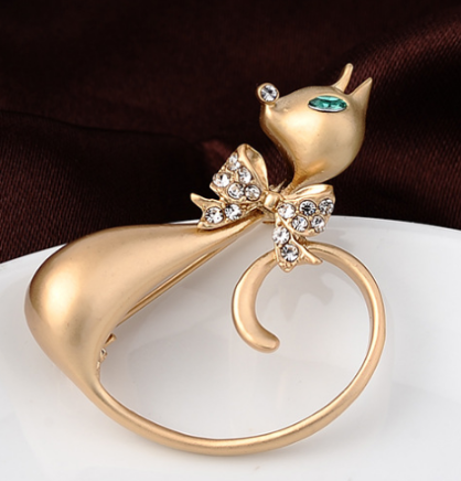 Cat Brooch - Silver Cat Gold Bow