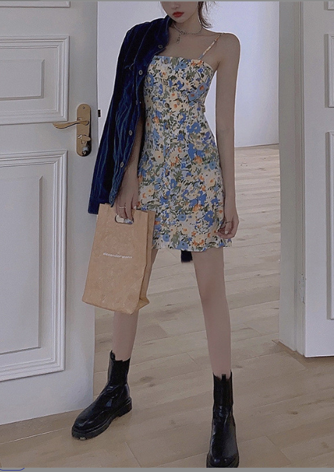 Backless French Floral One-Shoulder Sling Dress