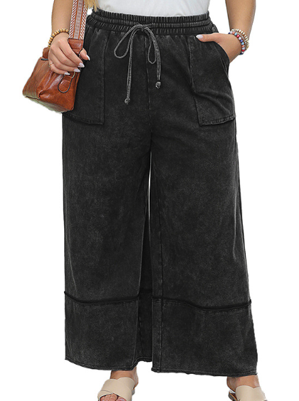 Black Plus Mineral Wash Exposed Seam Wide Leg Cropped Pants - Image 1