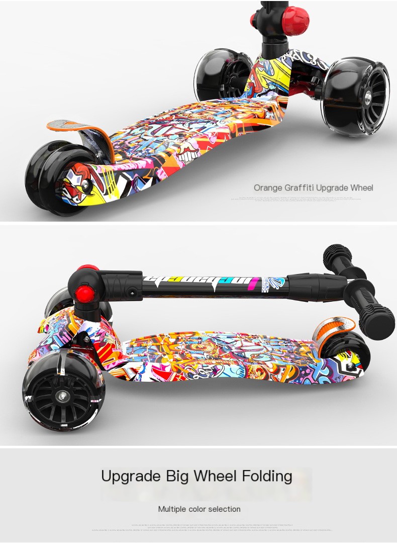 Swiss surfing children folding scooter boys and girls graffiti wide wheel scooter three four-wheel flash pulley