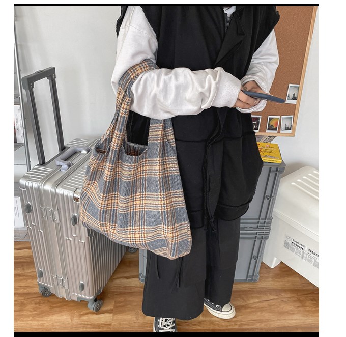 Khaki Woolen Plaid Shoulder Bag