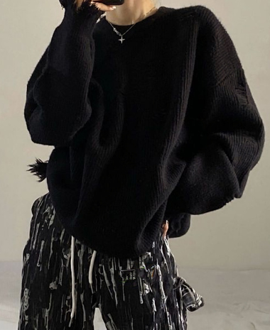 Blue Loose Fringed Sweater