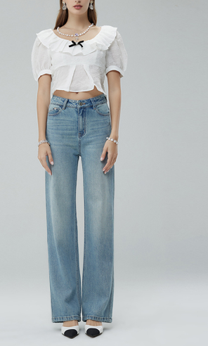 Women's Cat Whisker Washed Ripped Straight Leg Jeans 1