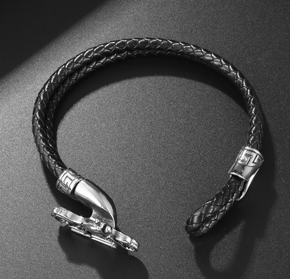 Men's Weaving Motorcycle Stainless Steel Leather Bracelet Image 4