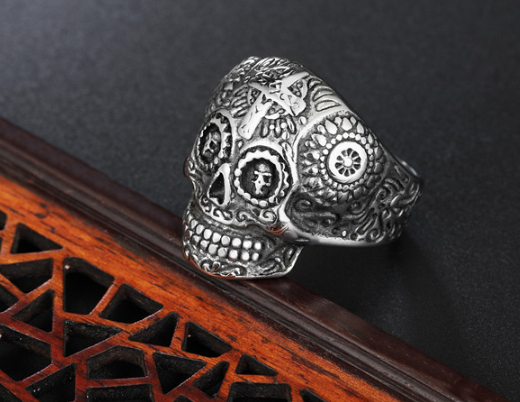 Cross Skull Punk Ring Steel Color