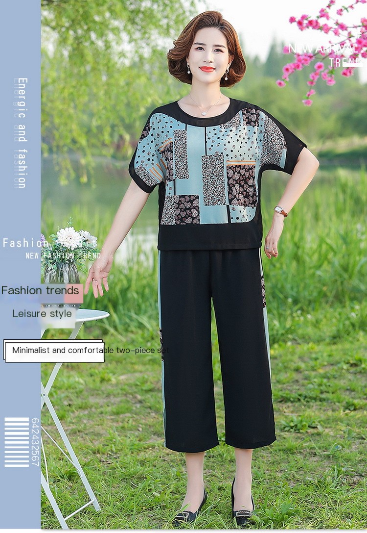 2023 Summer new short sleeve middle-aged and elderly suit female mother's wear plus size high waist cropped wide leg pants two-piece suit fashion