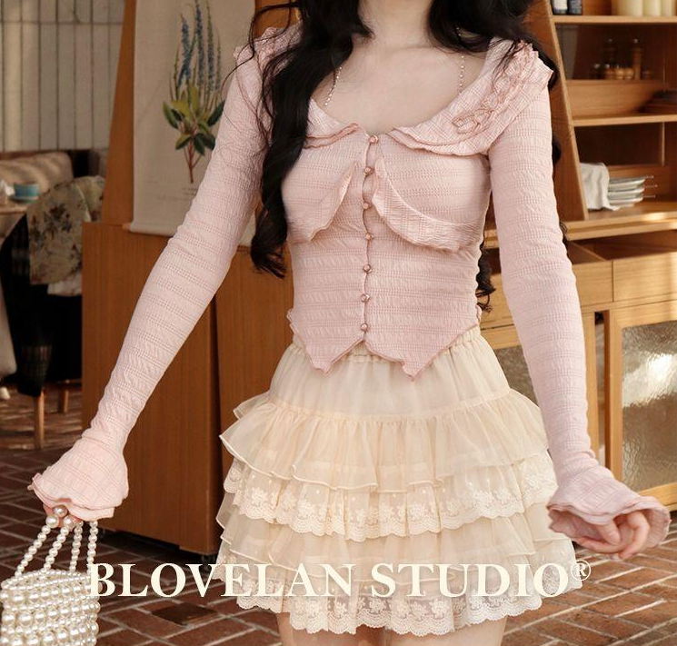 Japanese Women's High Waist Ruffled Chiffon Lace Skirt Image 3