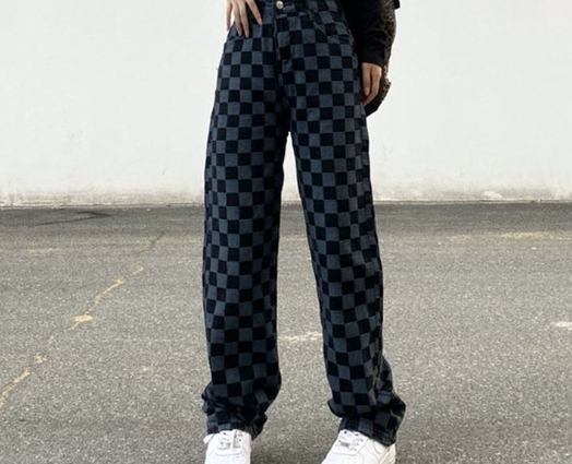Retro Checkered Denim Pants 2