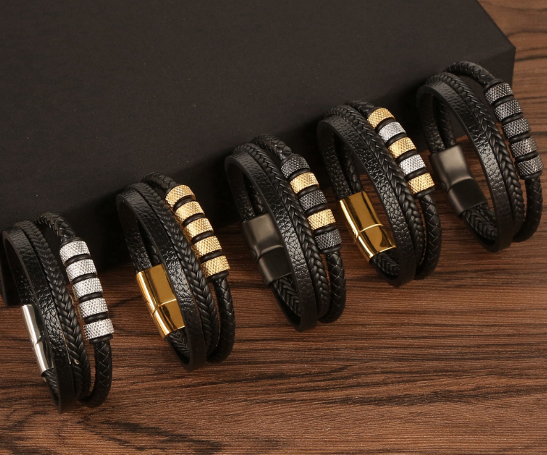 Men's Leather and Stainless Steel Bracelet Image 1