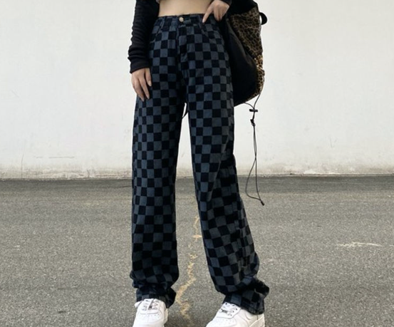 Retro Checkered Denim Pants 5