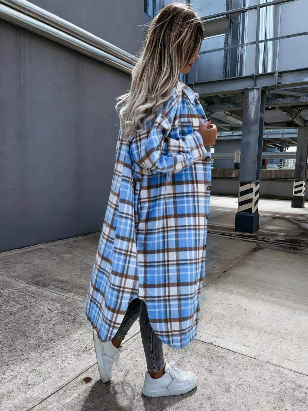 European And American Loose Blue And White Plaid Woolen Long Coat 8