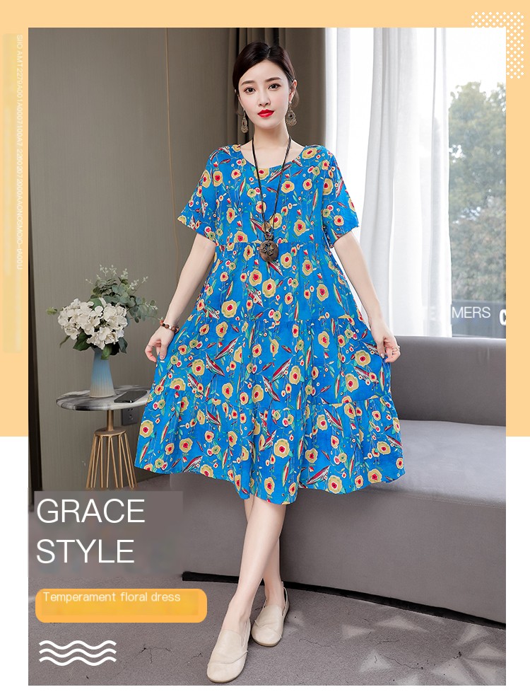 Mom Loose Slim Floral Cotton Silk Dress Summer Dress 2023 New Women's Short Sleeve Stylish Fashion Elegant