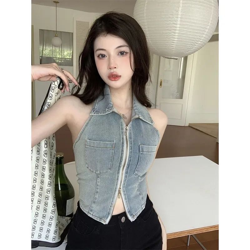 Back view of Women's Sexy Zipper Sleeveless Summer Denim Tank Top