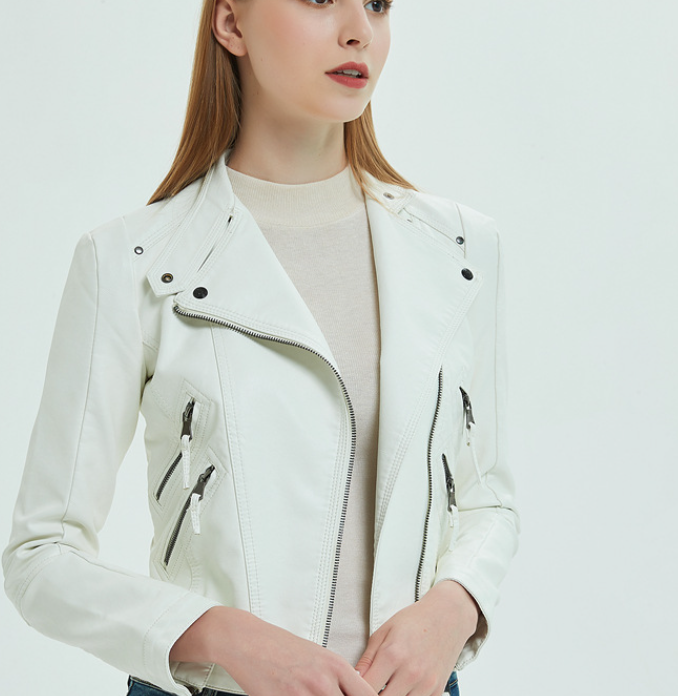 Pu leather white slim with zipper fleece ladies summer jacket