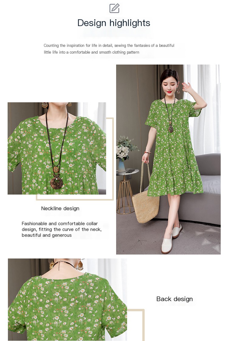 Mom Loose Slim Floral Cotton Silk Dress Summer Dress 2023 New Women's Short Sleeve Stylish Fashion Elegant