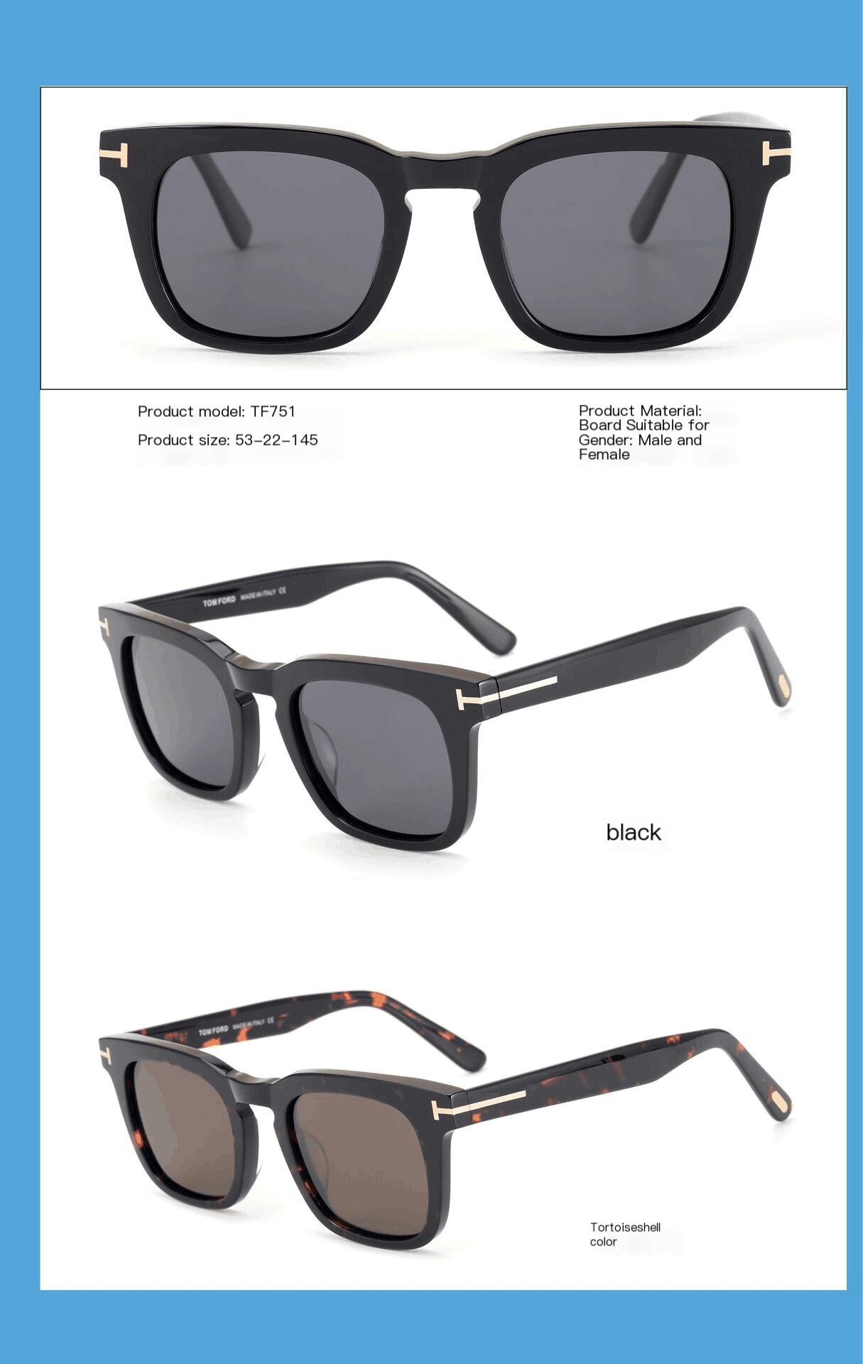 New High Quality TF751 High quality Full frame sunglasses for men and women Stylish frame Temford- Black