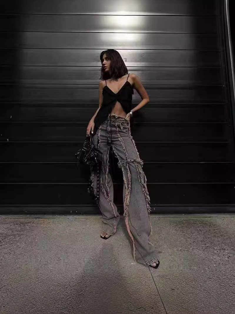 Fashion Ladies Gray Raw Edge Tie-Dye Jeans Image 2