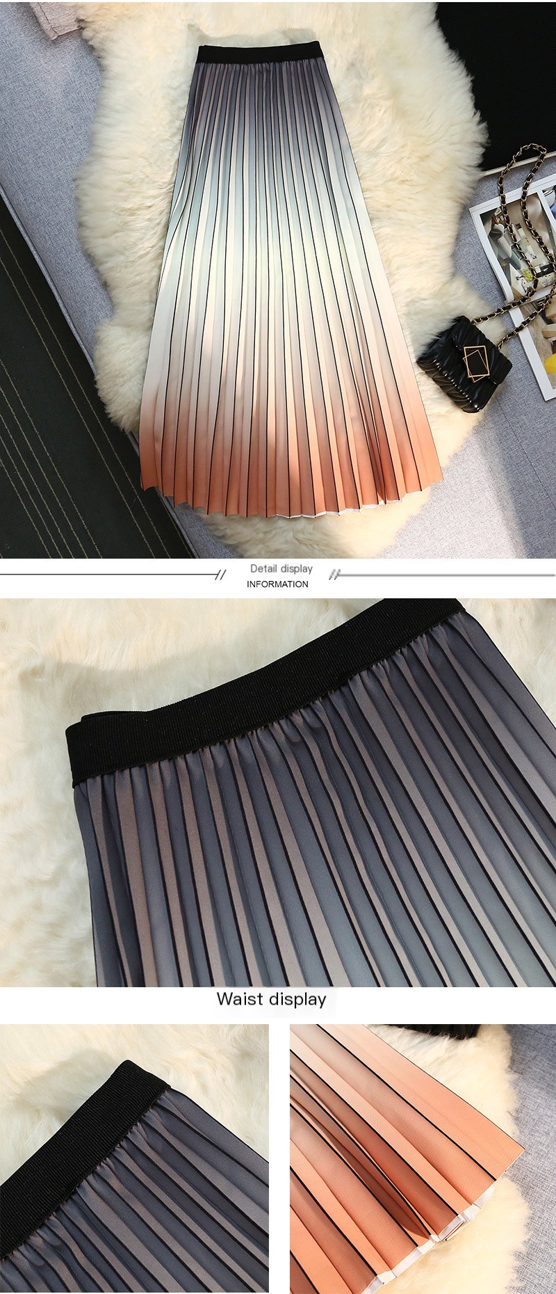 Gradient Color Velvet Pleated Skirt