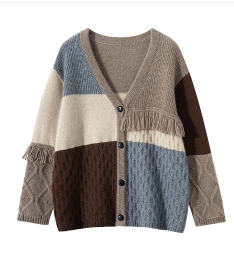 Contrast Color Tassel V-neck Knitted Cardigan