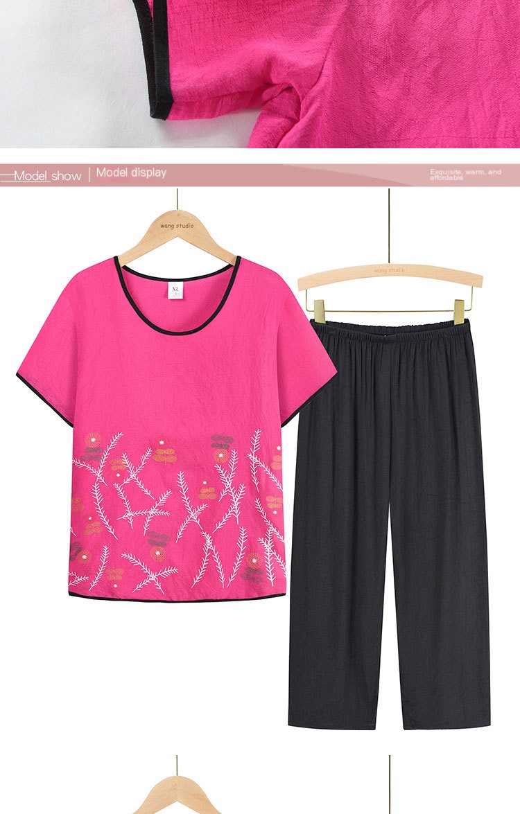 Middle-aged and Elderly Women's Summer Short-sleeved Suit Mother's Suit 60-year-old Printed Grandma's Top and Pants Two-piece Suit