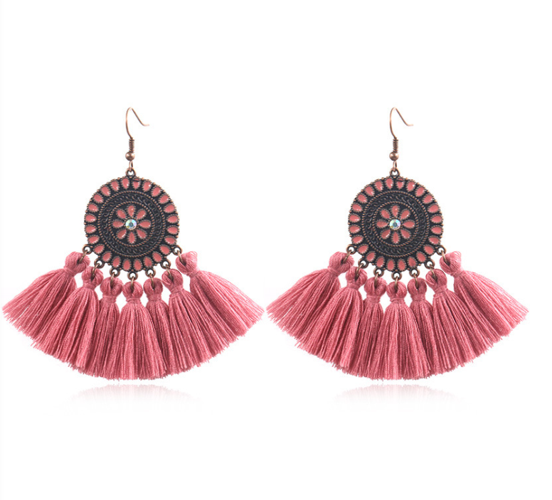 Sunflower Tassel Earrings - Rose Red