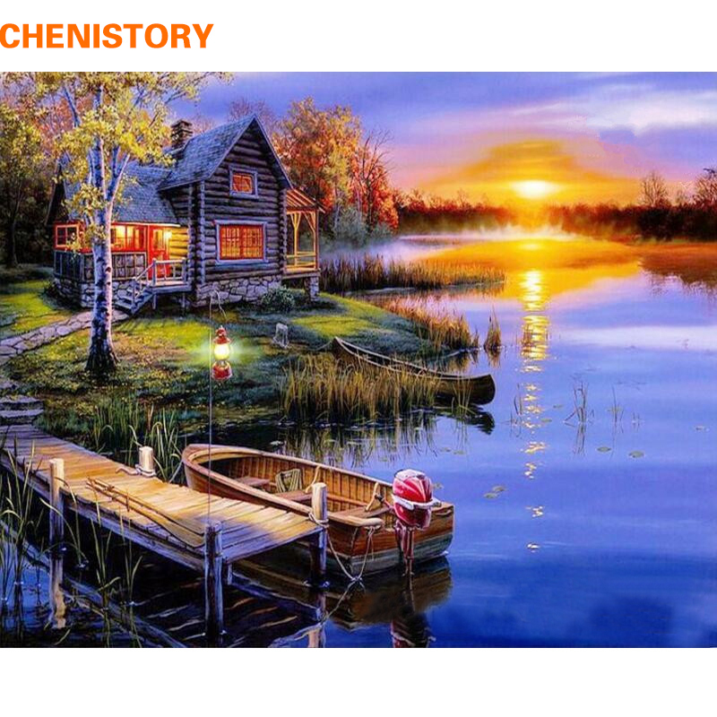 Sunset Cabin View Oil Painting