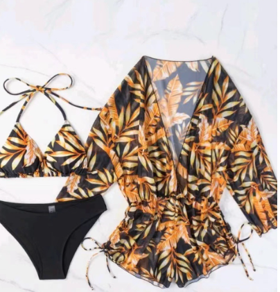 Sexy three-piece suit with elegant collar, printed waist and tie short skirt, foreign trade cross-border swimsuit image