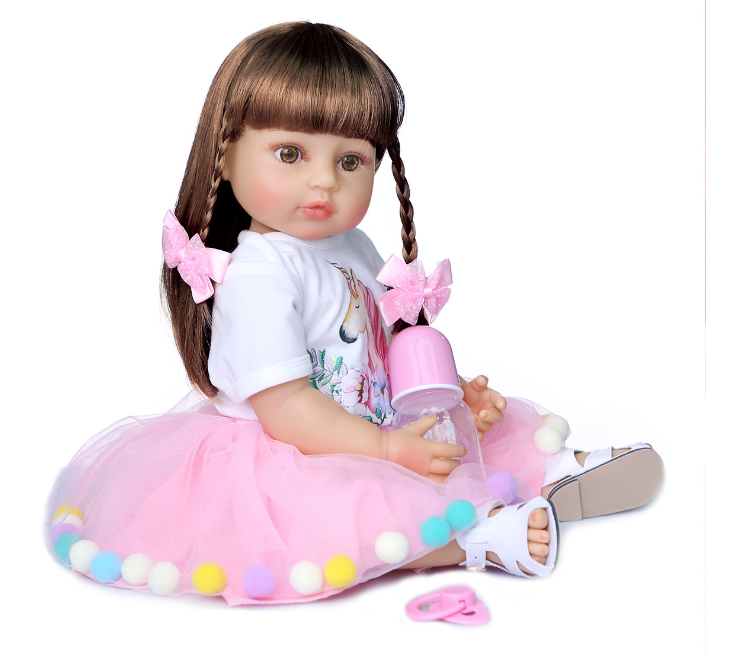 Realistic Reborn Baby Doll - Brown Hair, Rose Red Dress