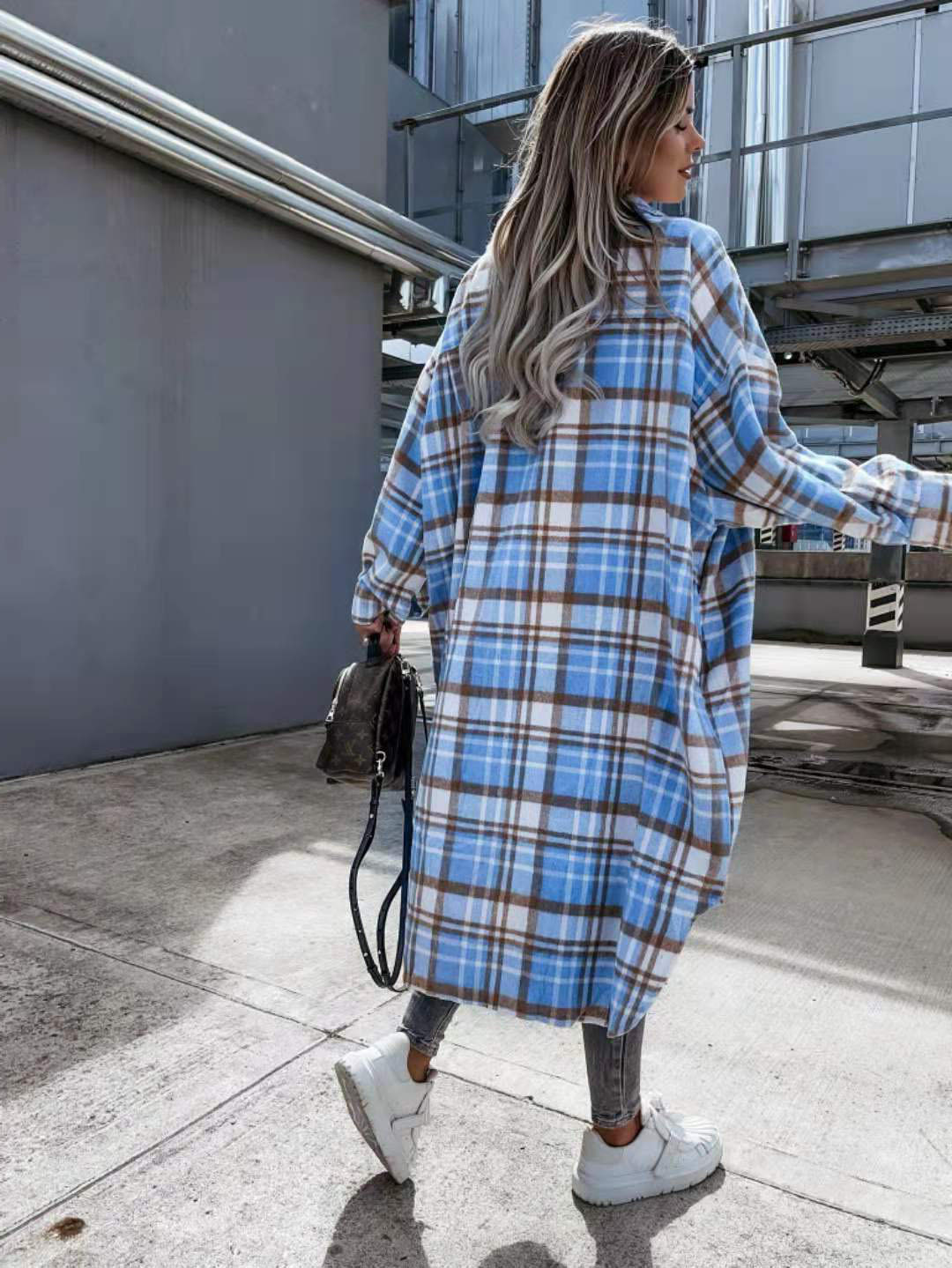 European And American Loose Blue And White Plaid Woolen Long Coat 7