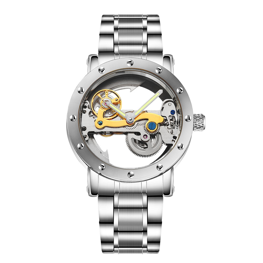 ساعة ميكانيكية أوتوماتيكية فضية اللون، مجوفة من الجانبين