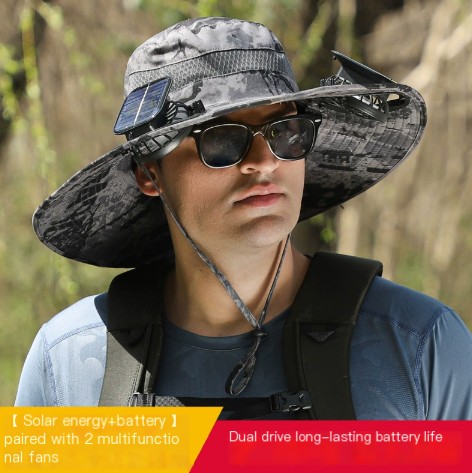 Long endurance lithium battery fan, solar charging, strong wind power, summer sun protection hat, men's sun protection fisherman hat, quick drying