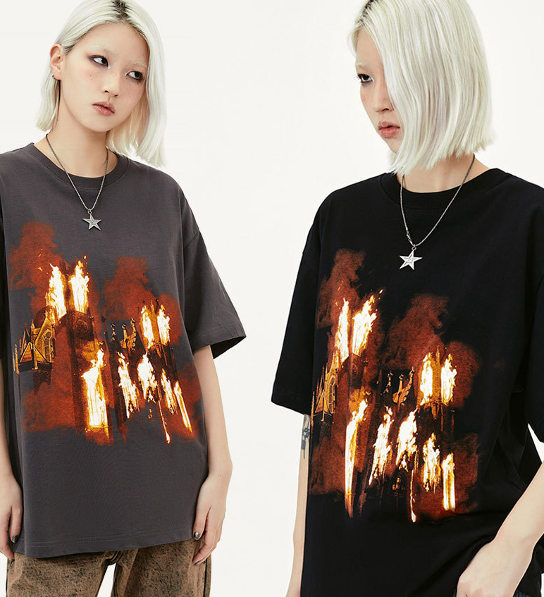 Street Design Theme Dark Dog Head Man Short Sleeve Flower Gray