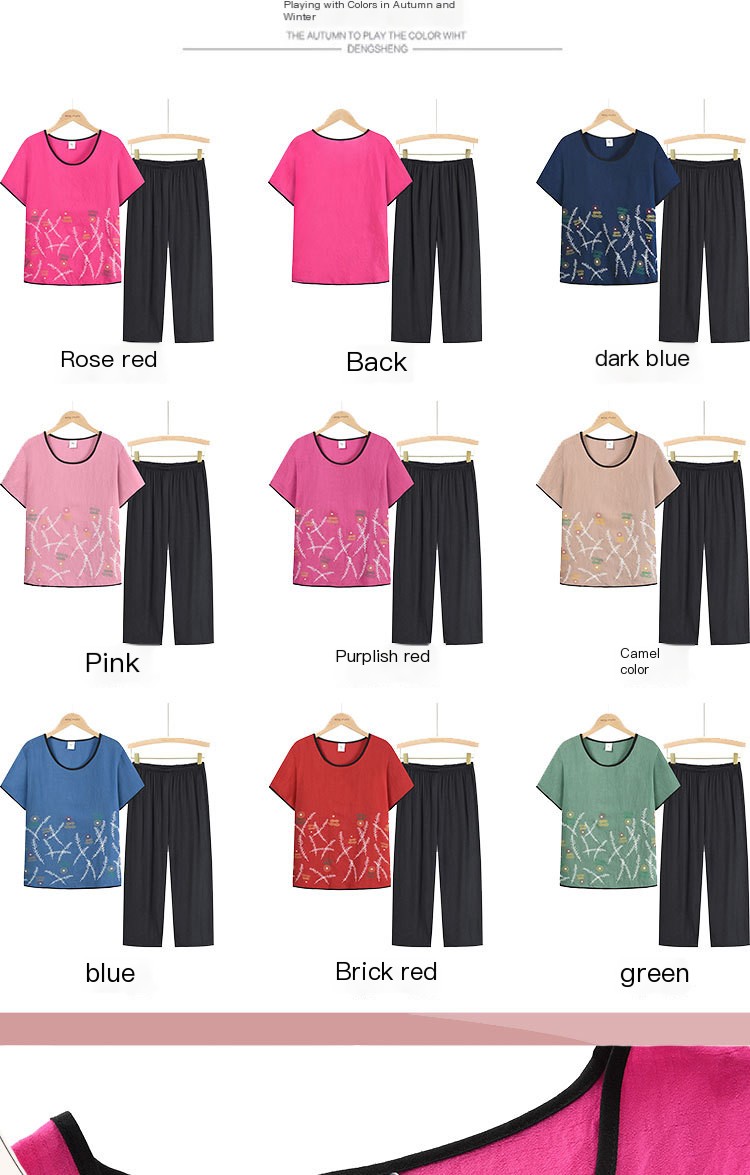 Middle-aged and Elderly Women's Summer Short-sleeved Suit Mother's Suit 60-year-old Printed Grandma's Top and Pants Two-piece Suit